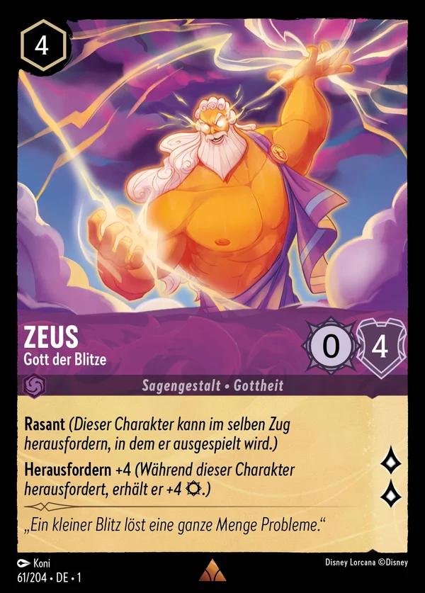 Zeus - Gott der Blitze — Disney Lorcana Charakter card from The First Chapter