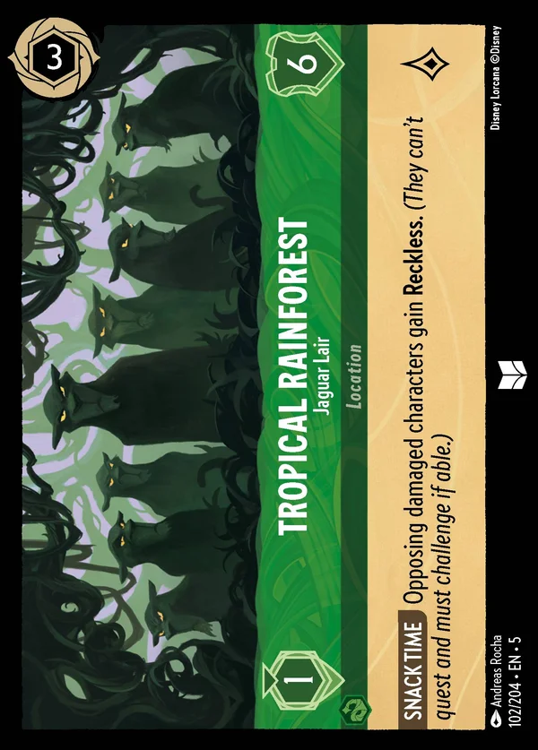 Tropical Rainforest - Jaguar Lair — Disney Lorcana Location card from Shimmering Skies