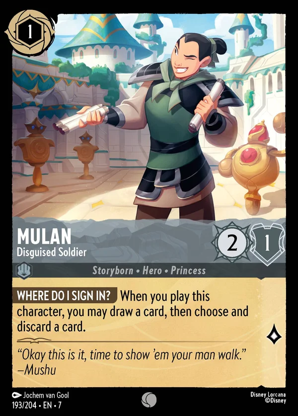 Mulan - Disguised Soldier — Disney Lorcana Character card from Archazia's Island
