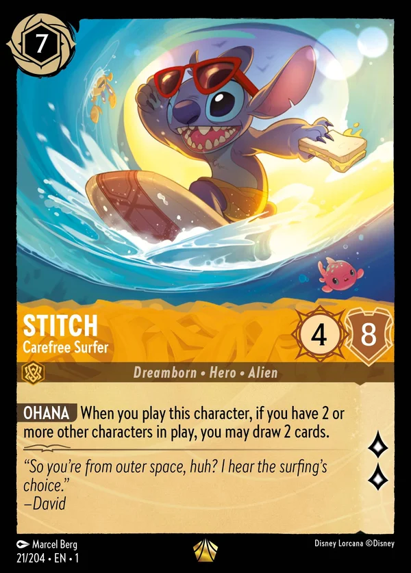 Stitch - Carefree Surfer — Disney Lorcana Character card from The First Chapter