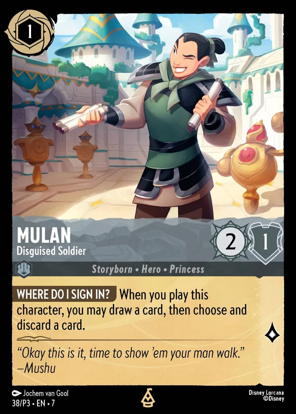 Mulan - Disguised Soldier — Disney Lorcana Character card from Archazia's Island