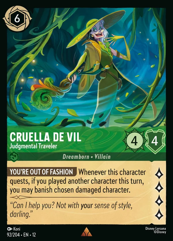Cruella De Vil - Judgmental Traveler — Disney Lorcana Character card from Wilds Unknown