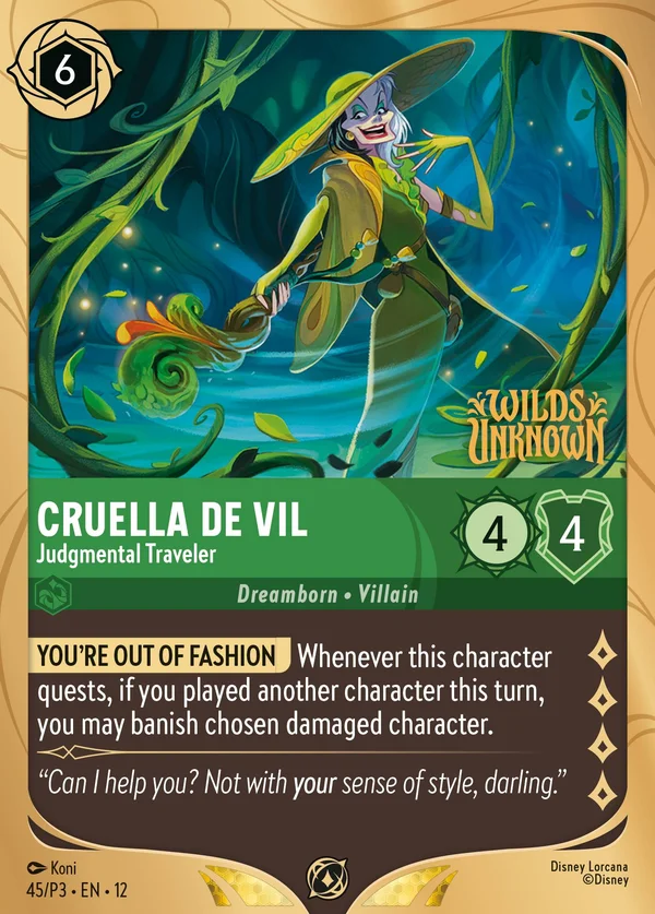 Cruella De Vil - Judgmental Traveler — Disney Lorcana Character card from Wilds Unknown
