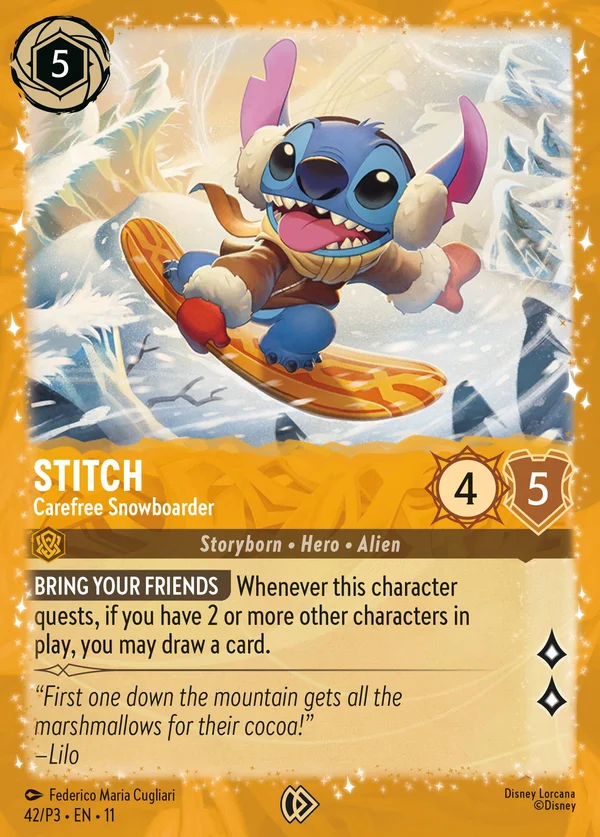 Stitch - Carefree Snowboarder — Disney Lorcana Character card from Winterspell