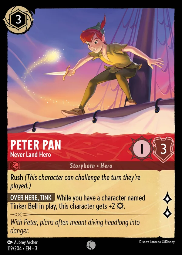Peter Pan - Never Land Hero — Disney Lorcana Character card from Into the Inklands