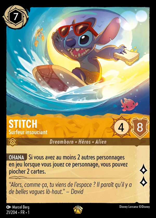 Stitch - Surfeur insouciant — Disney Lorcana Personnage card from The First Chapter