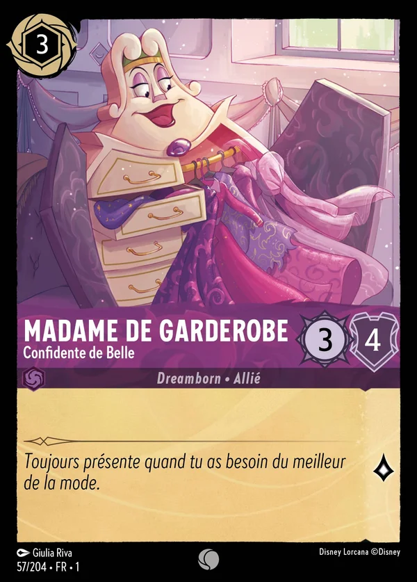 Madame de Garderobe - Confidente de Belle — Disney Lorcana Personnage card from The First Chapter